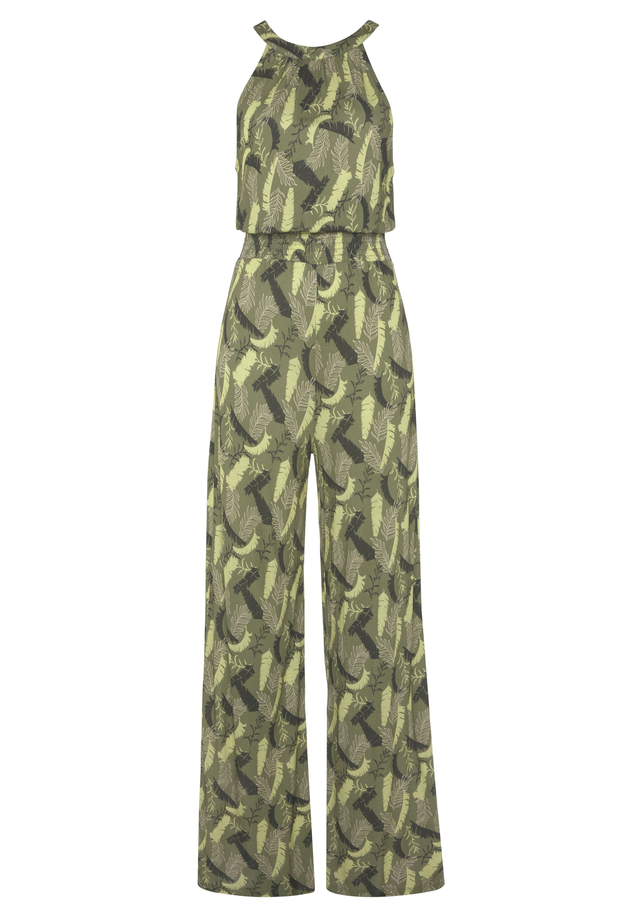 s.Oliver Overall, mit Blätterdruck und breitem Smokeinsatz, sommerlicher Jumpsuit